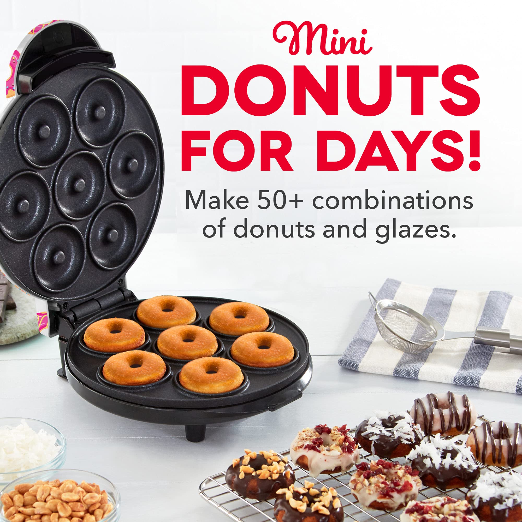 Dash Mini Donut Maker Machine For Kid Friendly Breakfast, Snacks, Desserts & More With Non Stick Surface, Makes 7 Doughnuts, Don
